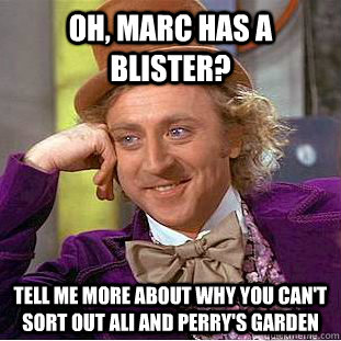 Oh, Marc has a blister? Tell me more about why you can't sort out Ali and Perry's garden  Condescending Wonka