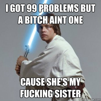 i got 99 problems but a bitch aint one cause she's my fucking sister  