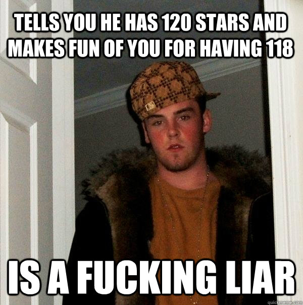 tells you he has 120 stars and makes fun of you for having 118 is a fucking liar  Scumbag Steve