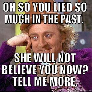 OH SO YOU LIED SO MUCH IN THE PAST.  SHE WILL NOT BELIEVE YOU NOW? TELL ME MORE. Creepy Wonka