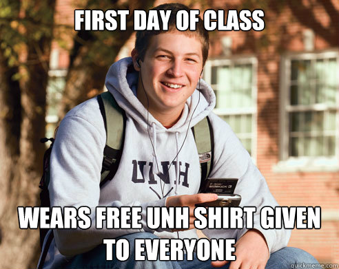 first day of class wears free unh shirt given to everyone  College Freshman