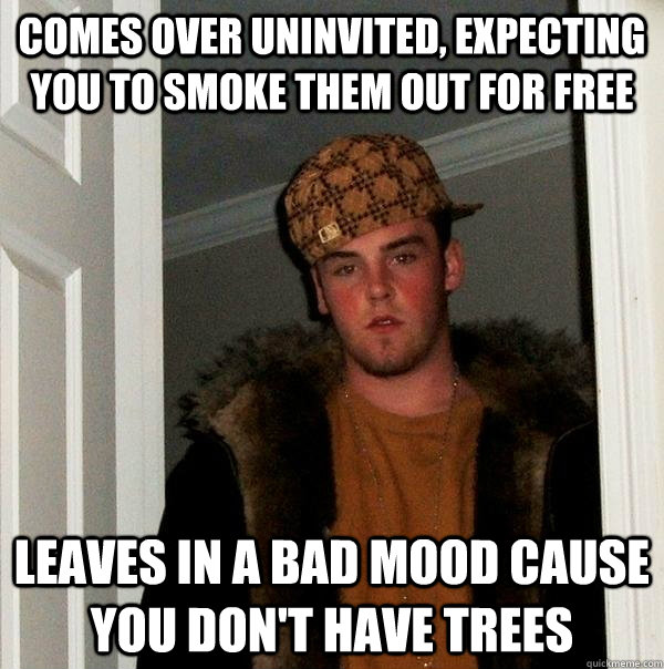 Comes over uninvited, expecting you to smoke them out for free leaves in a bad mood cause you don't have trees  Scumbag Steve