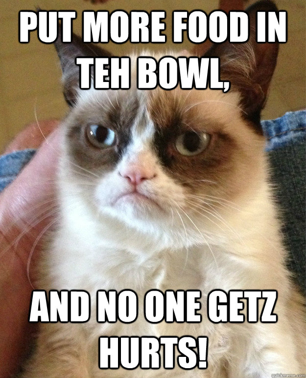 Put more Food in teh bowl, and no one getz hurts!  Grumpy Cat