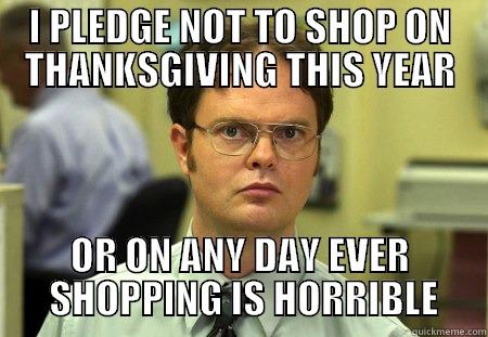 I PLEDGE NOT TO SHOP ON THANKSGIVING THIS YEAR OR ON ANY DAY EVER  SHOPPING IS HORRIBLE Schrute