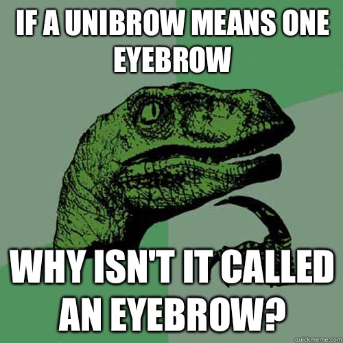 If a unibrow means one eyebrow Why isn't it called an eyebrow? - If a unibrow means one eyebrow Why isn't it called an eyebrow?  Philosoraptor