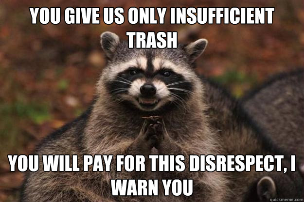 you give us only insufficient trash you will pay for this disrespect, i warn you - you give us only insufficient trash you will pay for this disrespect, i warn you  Evil Plotting Raccoon