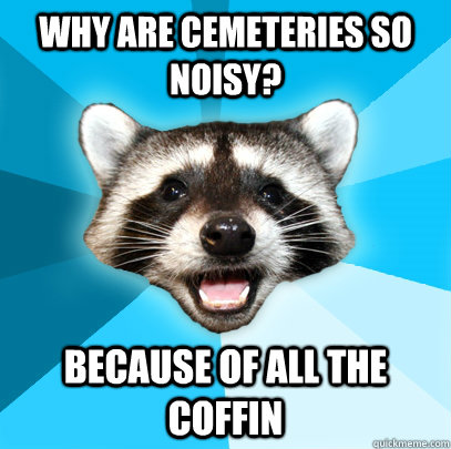 Why are cemeteries so noisy? because of all the coffin - Why are cemeteries so noisy? because of all the coffin  Lame Pun Coon