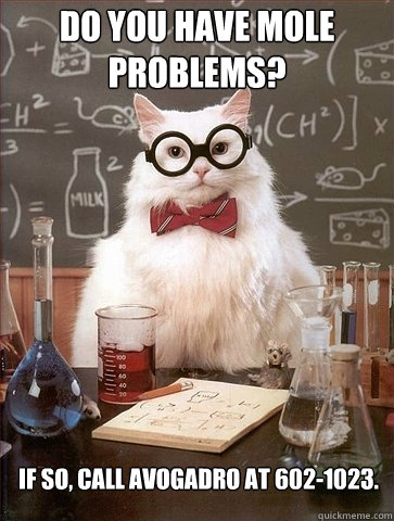 Do you have mole problems? If so, call Avogadro at 602-1023.  Chemistry Cat