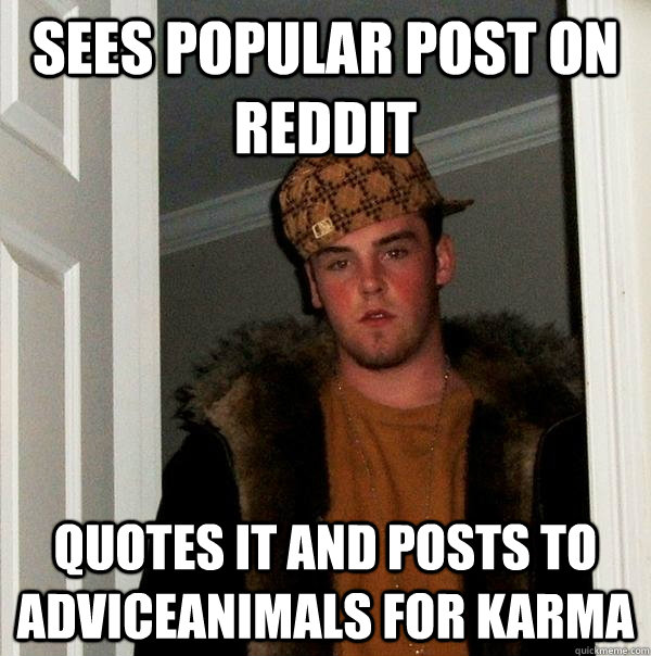 Sees popular post on reddit Quotes it and posts to AdviceAnimals for karma  Scumbag Steve