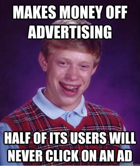 Makes money off advertising Half of its users will never click on an ad  Bad Luck Brian