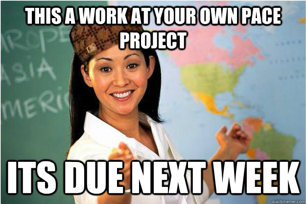 This a work at your own pace project Its due next week  Scumbag Teacher