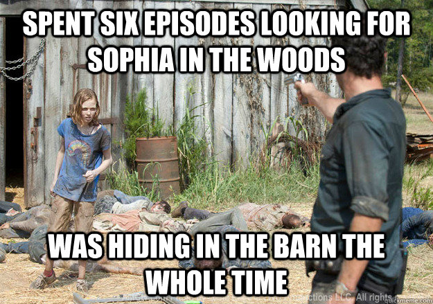 Spent six episodes looking for sophia in the woods was hiding in the barn the whole time  