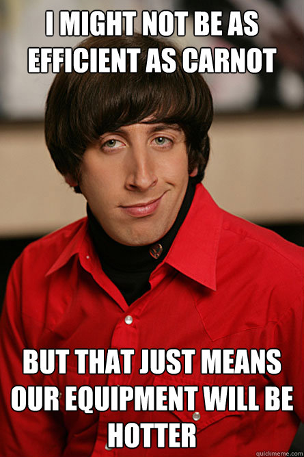 I might not be as efficient as Carnot But that just means our equipment will be hotter - I might not be as efficient as Carnot But that just means our equipment will be hotter  Pickup Line Scientist