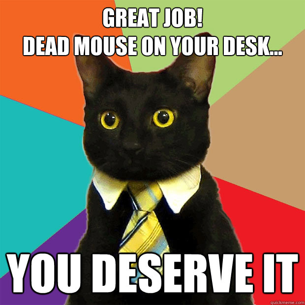 Great Job!      
Dead Mouse on your desk...  you deserve it  Business Cat