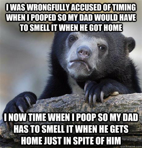 I was wrongfully accused of timing when i pooped so my dad would have to smell it when he got home I now time when i poop so my dad has to smell it when he gets home just in spite of him - I was wrongfully accused of timing when i pooped so my dad would have to smell it when he got home I now time when i poop so my dad has to smell it when he gets home just in spite of him  Confession Bear