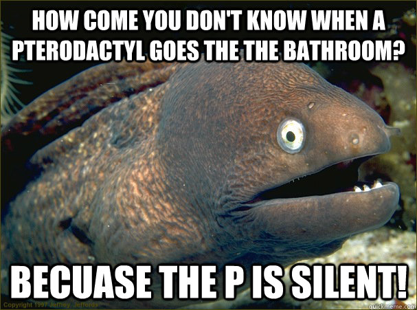 How come you don't know when a pterodactyl goes the the bathroom? Becuase the P is silent!  Bad Joke Eel