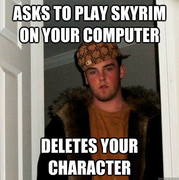 Asks to play Skyrim on your computer Deletes your character - Asks to play Skyrim on your computer Deletes your character  Scumbag Steve