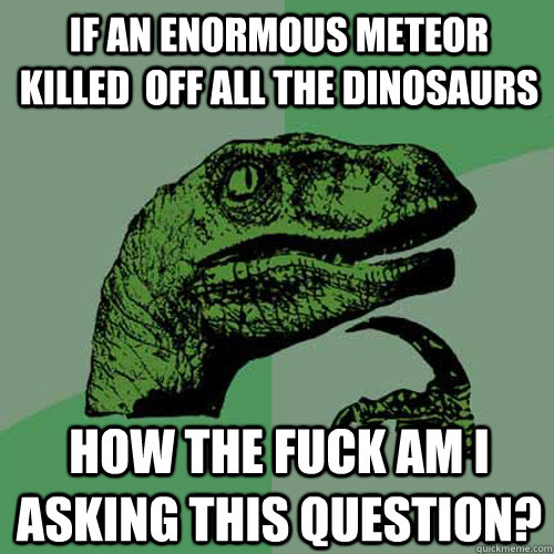 If an enormous meteor killed  off all the dinosaurs how the fuck am i asking this question? - If an enormous meteor killed  off all the dinosaurs how the fuck am i asking this question?  Philosoraptor