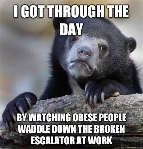 I got through the day By watching obese people waddle down the broken escalator at work  - I got through the day By watching obese people waddle down the broken escalator at work   Confession Bear