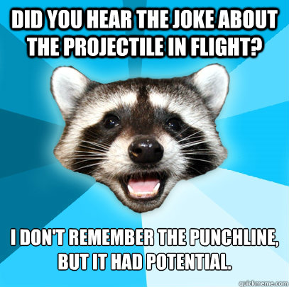 Did you hear the joke about the projectile in flight? I don't remember the punchline, but it had potential. - Did you hear the joke about the projectile in flight? I don't remember the punchline, but it had potential.  Lame Pun Coon