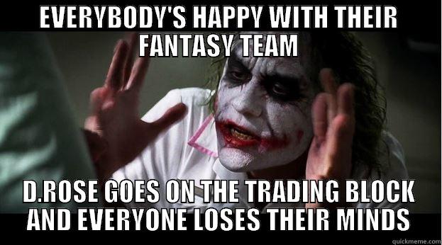 The League meme - EVERYBODY'S HAPPY WITH THEIR FANTASY TEAM D.ROSE GOES ON THE TRADING BLOCK AND EVERYONE LOSES THEIR MINDS Joker Mind Loss