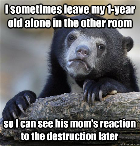 I sometimes leave my 1-year old alone in the other room so I can see his mom's reaction to the destruction later  Confession Bear