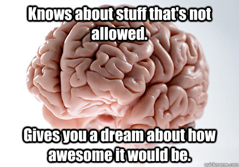 Knows about stuff that's not allowed. Gives you a dream about how awesome it would be.   Scumbag Brain