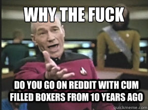 WHY THE FUCK DO YOU GO ON REDDIT WITH CUM FILLED BOXERS FROM 10 YEARS AGO  Annoyed Picard