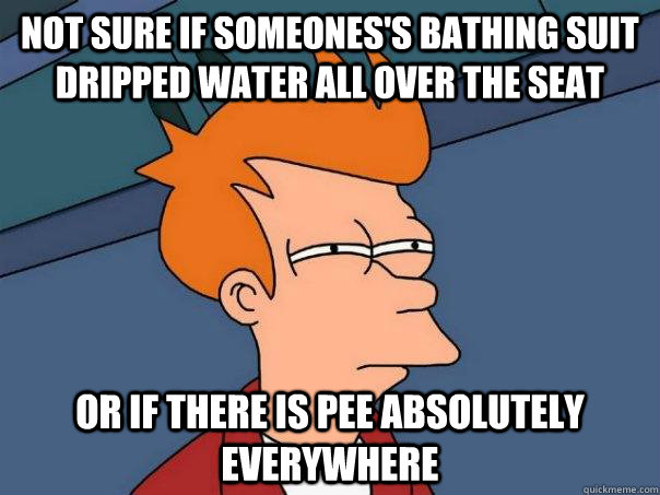 Not sure if someones's bathing suit dripped water all over the seat Or if there is pee absolutely everywhere  Futurama Fry