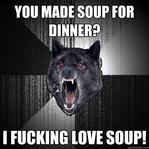 You made soup for dinner? I fucking love soup!  Insanity Wolf