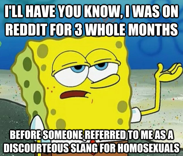 I'll have you know, i was on reddit for 3 whole months before someone referred to me as a discourteous slang for homosexuals  Tough Spongebob