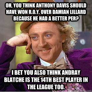 Oh, you think Anthony davis should have won R.O.Y. over Damian lillard because he had a better PER? I bet you also think Andray Blatche is the 14th best player in the league too.  Condescending Wonka