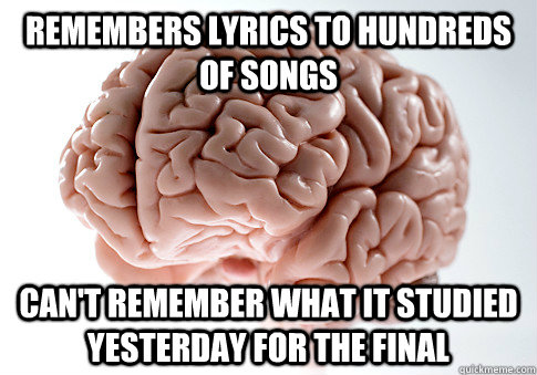 Remembers lyrics to hundreds of songs Can't remember what it studied yesterday for the final  Scumbag Brain