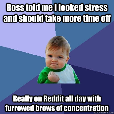 Boss told me I looked stress and should take more time off Really on Reddit all day with furrowed brows of concentration - Boss told me I looked stress and should take more time off Really on Reddit all day with furrowed brows of concentration  Success Kid