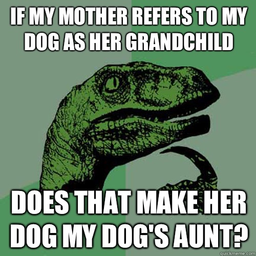 If my mother refers to my dog as her grandchild Does that make her dog my dog's aunt? - If my mother refers to my dog as her grandchild Does that make her dog my dog's aunt?  Philosoraptor