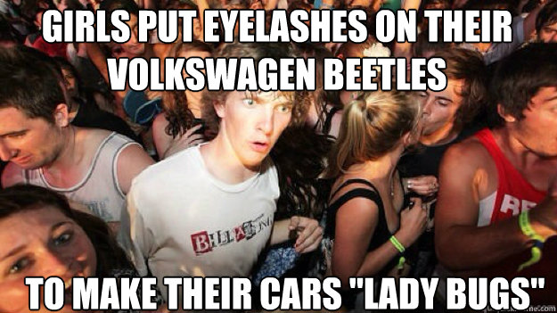 Girls put eyelashes on their volkswagen beetles To make their cars 