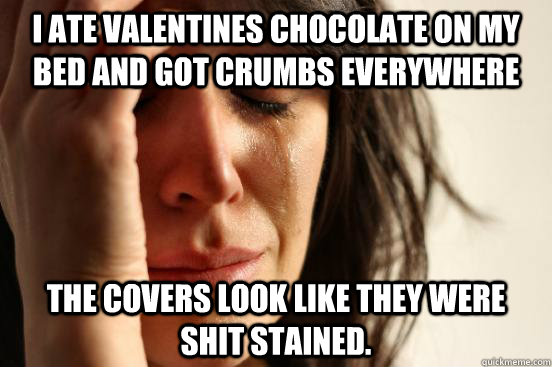 I ate Valentines Chocolate on my bed and got crumbs everywhere The covers look like they were shit stained.  First World Problems