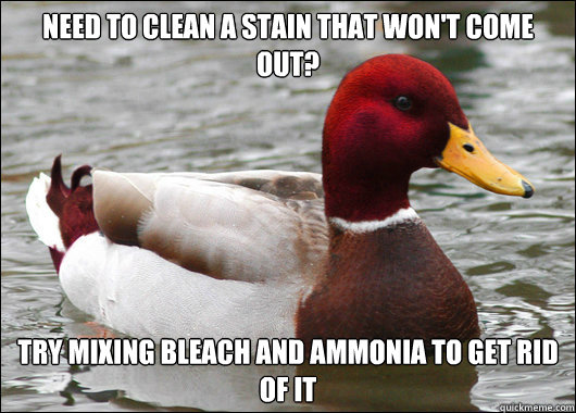 need to clean a stain that won't come out? Try mixing bleach and ammonia to get rid of it - need to clean a stain that won't come out? Try mixing bleach and ammonia to get rid of it  Malicious Advice Mallard