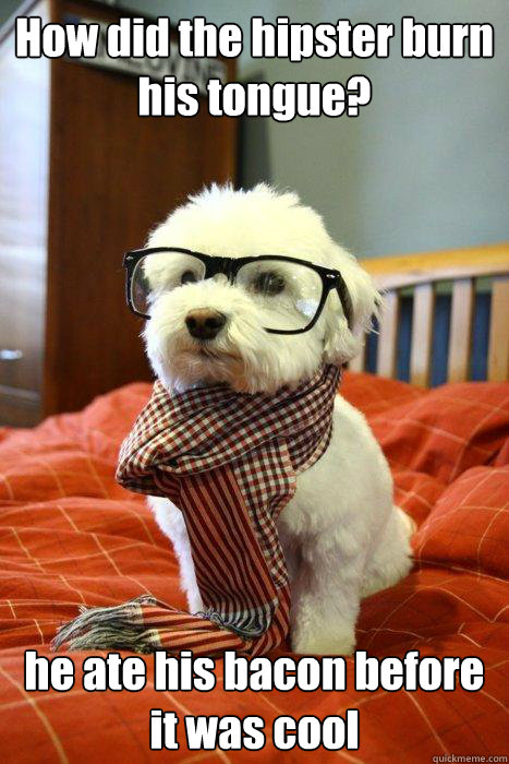 How did the hipster burn his tongue? he ate his bacon before it was cool  Hipster Dog