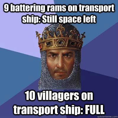 9 battering rams on transport ship: Still space left 10 villagers on transport ship: FULL  Age of Empires