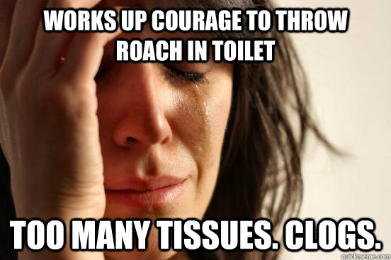 Works up courage to throw roach in toilet Too many tissues. Clogs.  First World Problems