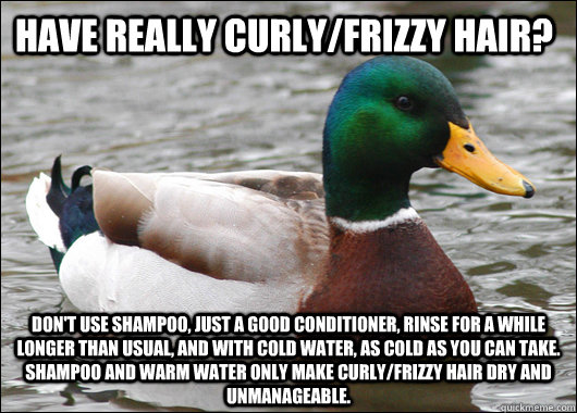 Have really curly/frizzy hair? Don't use shampoo, just a good conditioner, rinse for a while longer than usual, and with cold water, as cold as you can take.  Shampoo and warm water only make curly/frizzy hair dry and unmanageable. - Have really curly/frizzy hair? Don't use shampoo, just a good conditioner, rinse for a while longer than usual, and with cold water, as cold as you can take.  Shampoo and warm water only make curly/frizzy hair dry and unmanageable.  Actual Advice Mallard