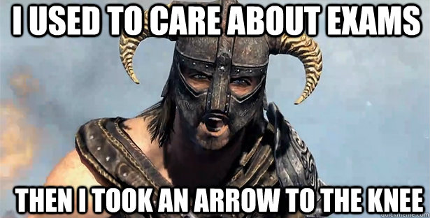 I USED TO CARE ABOUT EXAMS THEN I TOOK AN ARROW TO THE KNEE  skyrim