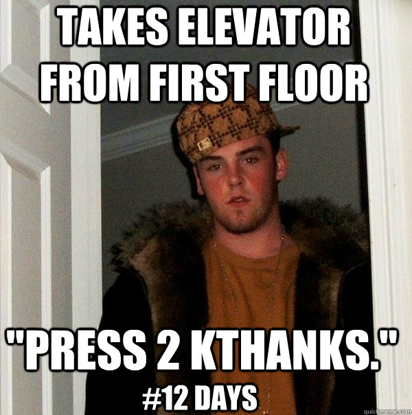 takes elevator from first floor 