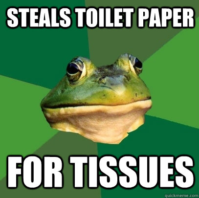 steals toilet paper for tissues  Foul Bachelor Frog