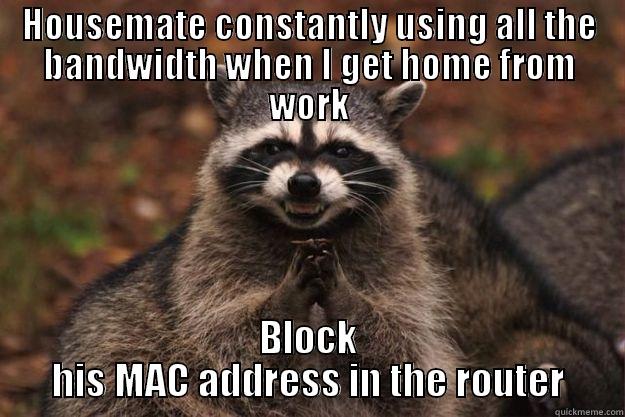 HOUSEMATE CONSTANTLY USING ALL THE BANDWIDTH WHEN I GET HOME FROM WORK BLOCK HIS MAC ADDRESS IN THE ROUTER Evil Plotting Raccoon