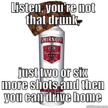 LISTEN, YOU'RE NOT THAT DRUNK, JUST TWO OR SIX MORE SHOTS AND THEN YOU CAN DRIVE HOME Scumbag Alcohol