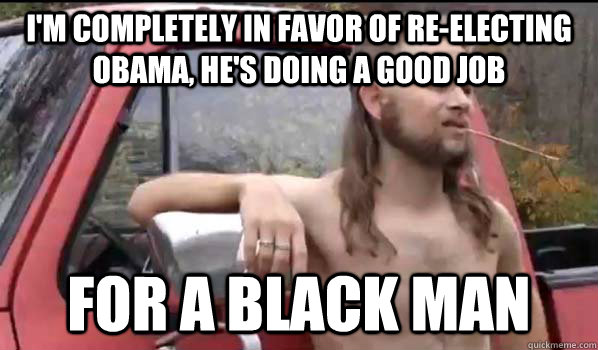 i'm completely in favor of re-electing obama, he's doing a good job for a black man  Almost Politically Correct Redneck