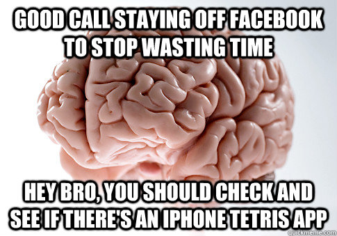 good call staying off facebook to stop wasting time hey bro, you should check and see if there's an iphone tetris app  Scumbag Brain