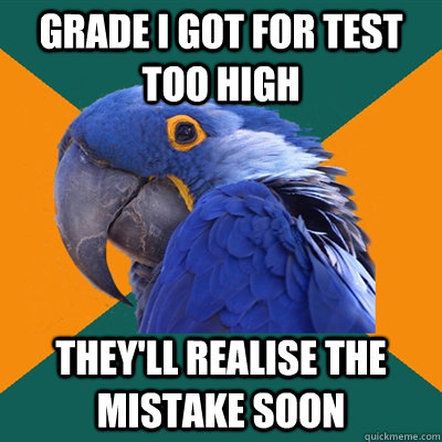 Grade I got for test too high They'll realise the mistake soon  Paranoid Parrot